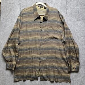 Joey Richi Vintage Shirt Mens XXL Brown Geometric 100% Silk Button Down Shirt‎